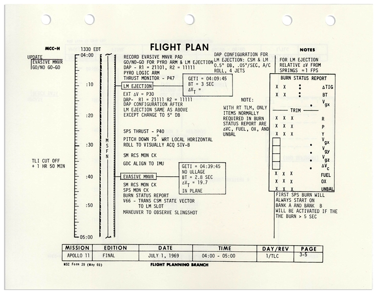 Michael Collins Signed Copy of the Apollo 11 Flight Plan